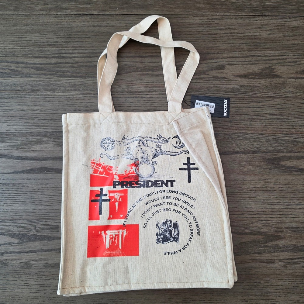 Rocksax President Graphic Tote Bag Cream Canvas Occult Dragon Double Lined NWT